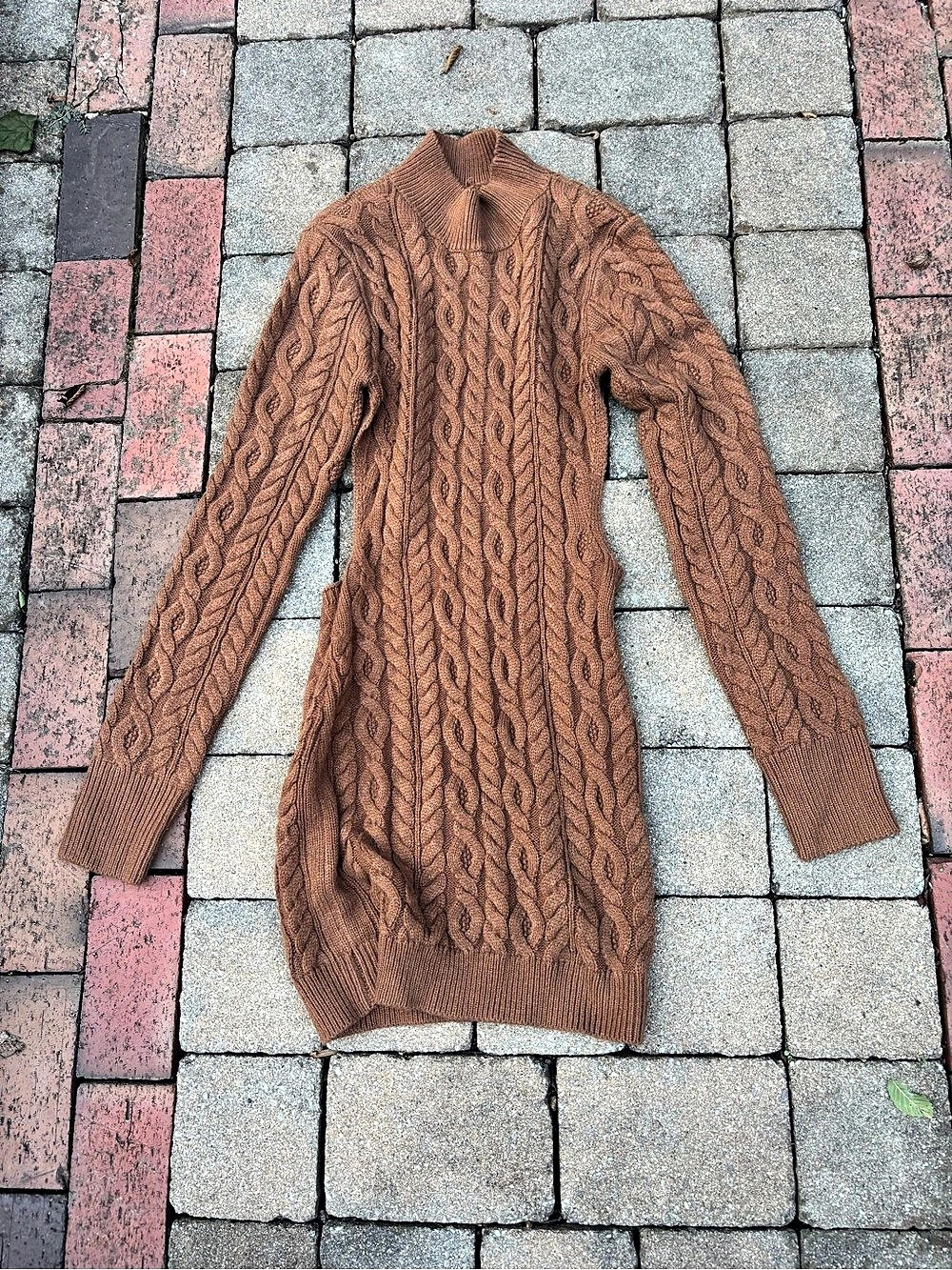 Beige Botany Brown Cable Knit Turtleneck Sweater Dress